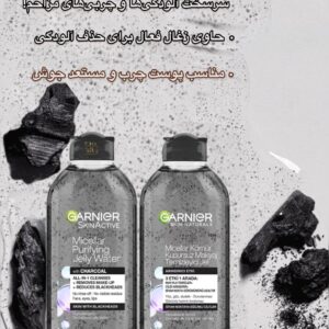 ژل پاک‌کننده میسلار زغال گارنیر مخصوص پوست‌های مستعد جوش و جوش‌های سرسیاه Garnier SkinActive Micellar Purifying Jelly Water with Charcoal