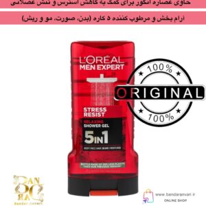 ژل دوش مردانه لورآل مدل Stress Resist – آرام‌بخش و مرطوب‌کننده ۵ کاره (بدن، صورت، مو و ریش) L’Oréal Men Expert Stress Resist Relaxing Shower Gel – 5-in-1 for Body, Face, Hair & Beard